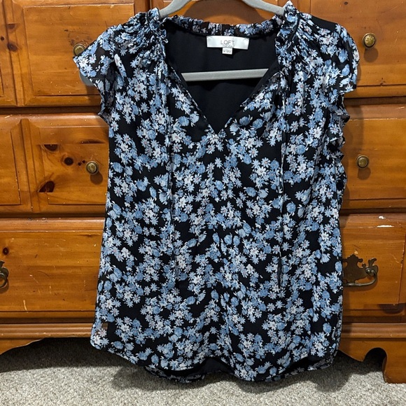 LOFT Black and Blue Floral Blouse - Picture 1 of 3